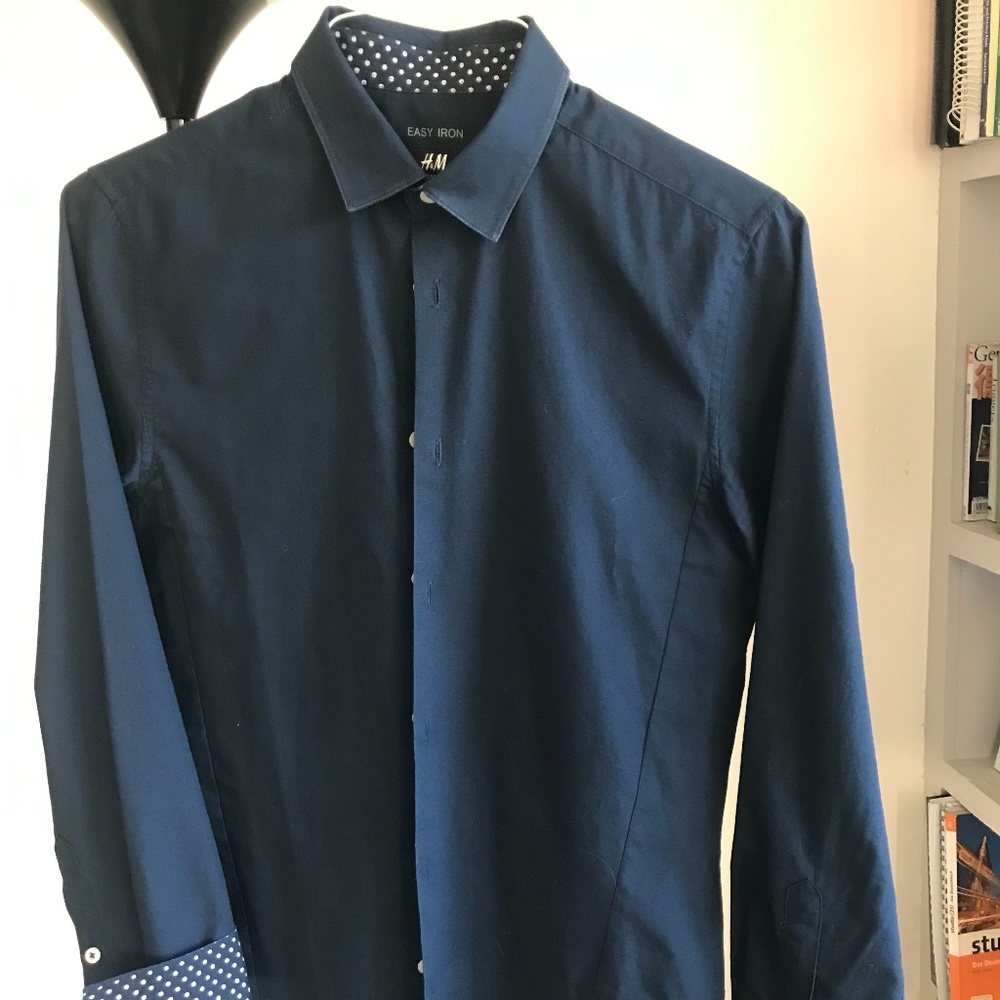 H&M long sleeve, button shirt, Navy blue with white polka dot accents